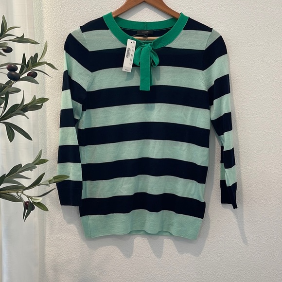 J. Crew Sweaters - $89 NWT J Crew Stripe Green Merino Wool Shirt Sweater Small Crew neck ribbon